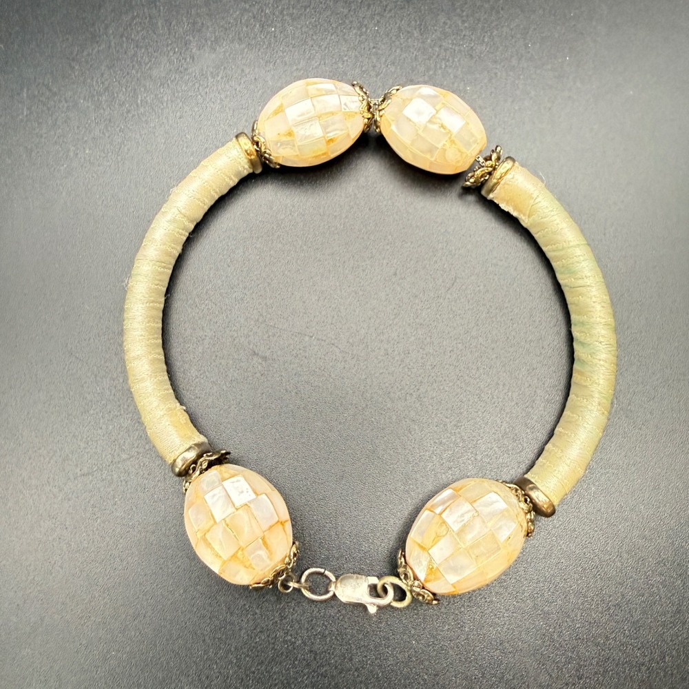 Vintage Mother of Pearl Mosaic Bead Thread Wrapped 925 Sterling Silver Bracelet